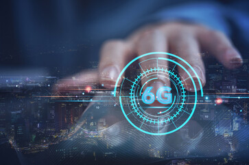 Person using smartphone with 6G network digital hologram and internet of things, high speed internet technology