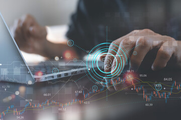 Man using smartphone with bitcoin cash trading chart, financial graph on virtual screen.