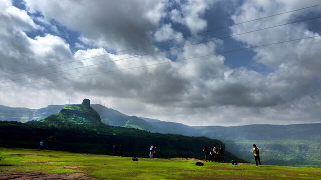 Hikers in the mountain and greenery top view