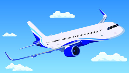 Fototapeta na wymiar Airplane flying in sky. Jet plane fly in clouds, airplanes travel and vacation aircraft. Flight plane, airplane trip to airport or airline transportation.Flat airplane vector illustration,
