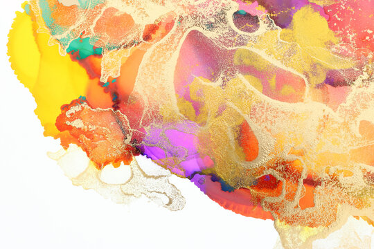 art photography of abstract fluid painting with alcohol ink, yellow, orange and gold colors
