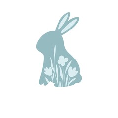 easter bunny. blue silhouette of a rabbit with spring flowers. festive color illustration. 