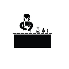Man scientist or lab attendant working in science laboratory using microscope, lab glassware, vector flat isolated illustration. Scientific research, experiment concept for web banner, website page.