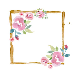 Square gold frame by hand romantic flowers in watercolor by hand