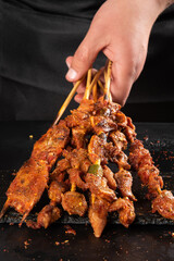 Shashlik. Kebab. Grilled barbecue meat with spices.