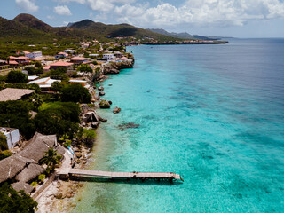 Playa Kalki Curacao tropical Island in the Caribbean sea, Aerial view over beach Playa Kalki on the...