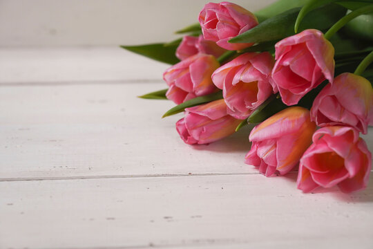  Beautiful spring flowers on Mothers or Womans day. Bouquet of pink tulips on rustic  wooden background. Love, International Women day, Mother day and Happy Valentine day concept.  Selective focus.
