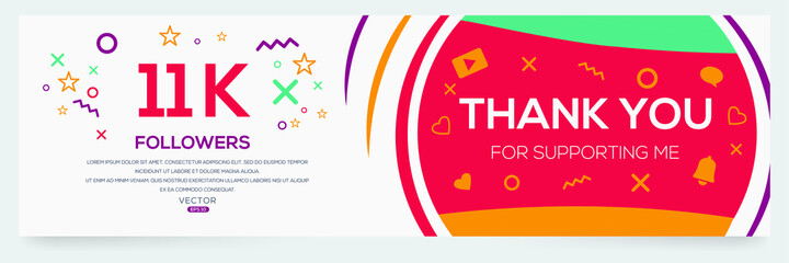 Creative Thank you (11k, 11000) followers celebration template design for social network and follower ,Vector illustration.
