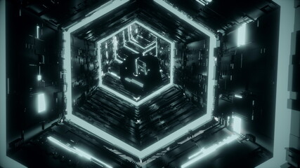 A mirror polyhedron surrounded by dim azure neon lights is flying along a dark futuristic hexagonal tunnel. Dynamic background for art, commercial and technology project 3D rendering in 4K.