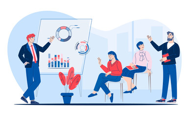 Business seminar, presentation or corporate training scene, flat vector illustration isolated on white background. Motivational training or business conference, training for company employees.