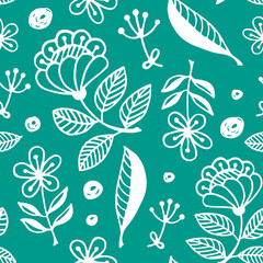 Green seamless pattern with doodle white flowers and leaves. Simple floral background