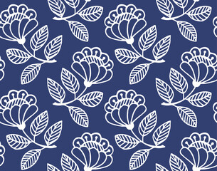 Blue seamless pattern with doodle white flowers and leaves. Simple floral background