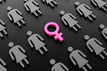 Female gender symbol surrounded by female figures on dark background. Concept of gender equality, gender struggle, equal opportunities and sex discrimination. 3d Render. - 425042112