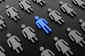 Silhouette of a man in blue color surrounded by women on dark background. Concept of gender equality, gender struggle, equal opportunities and sex discrimination. 3d Render. - 425042117