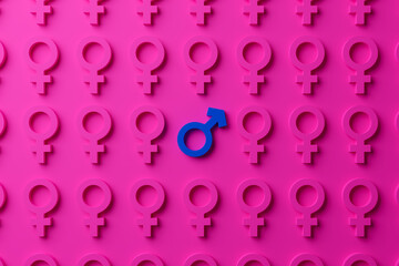 Male gender symbol surrounded by female gender symbols on a pink background. Concept of gender equality, gender struggle, equal opportunities and sex discrimination. 3d Render. - 425042143