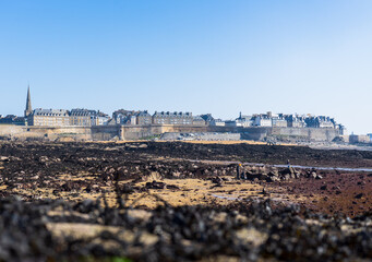 Vue sur Saint-Malo et ses remparts à marée basse,  Ille et Vilaine, Bretagne