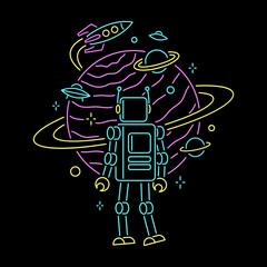 ROBOT IN THE SPACE NEON BADGE COLOR BLACK BACKGROUND