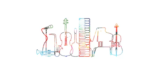 Foto op Canvas Colorful musical promotional poster with musical instruments outlined and isolated vector illustration. Artistic abstract background for live concert events, music festivals and shows, party flyer © abstract