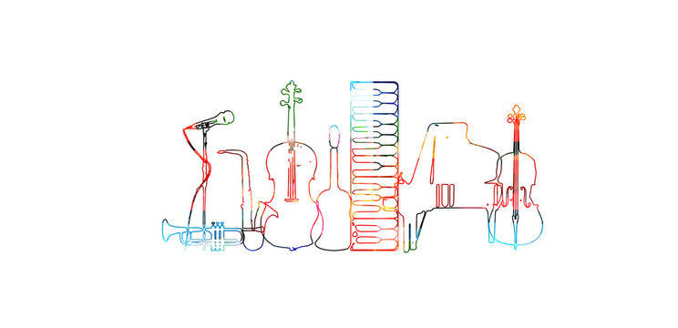 Colorful Musical Promotional Poster With Musical Instruments Outlined And Isolated Vector Illustration. Artistic Abstract Background For Live Concert Events, Music Festivals And Shows, Party Flyer