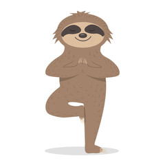 Sloth stands in yoga pose, color isolated illustration in cartoon style, clipart, design, print