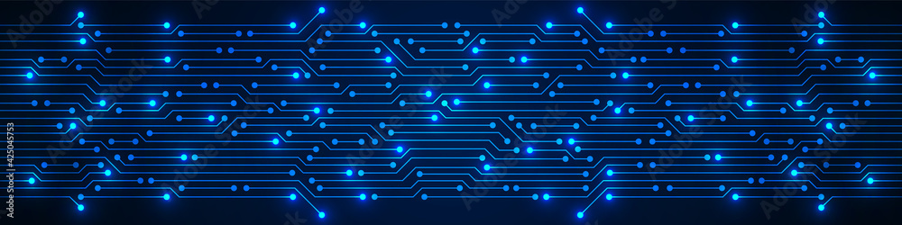 Wall mural abstract technology background, blue circuit board pattern with electricity light, microchip, power  - Wall murals