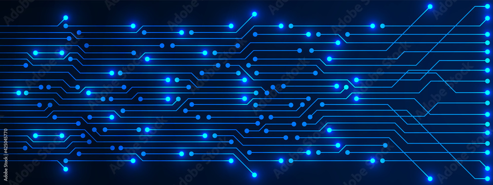Wall mural abstract technology background, blue circuit board pattern with electricity light, microchip, power  - Wall murals