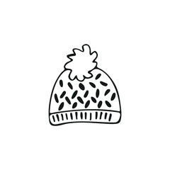 Hand-drawn winter hat, single element. Graphic doodle, sketch, outline drawing isolated on white. Vector illustration