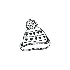 Hand-drawn winter hat, single element. Graphic doodle, sketch, outline drawing isolated on white. Vector illustration