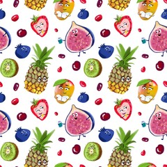 Pattern with fruits. Funny seamless fruits pattern on a white background  - 425047949