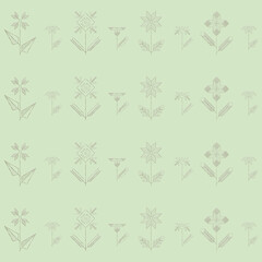 Green pattern with geometric folk ethnic flowers