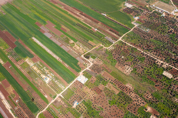 Fototapeta na wymiar Agricultural lots and path crossing, High altitude aerial view.