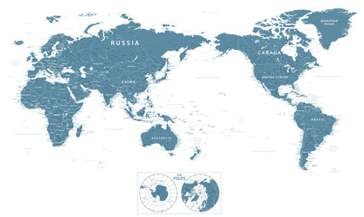 World Map - Pacific China Asia Centered View - The Poles - Grayscale Color Political - Vector Layered Detailed Illustration