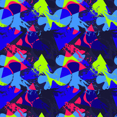 Seamless abstract urban pattern with colorful shapes, grunge spots and triangles