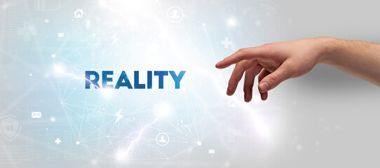 Hand pointing at inscription concept