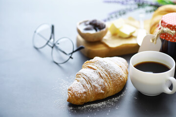 Fresh pastries on the table. French flavored croissant.
