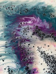 Purple, blue, white swirl. Resin art (epoxy resin) gleaming surface texture flicker and shimmer. Abstract painting. Liquid texture. Multicolored background.