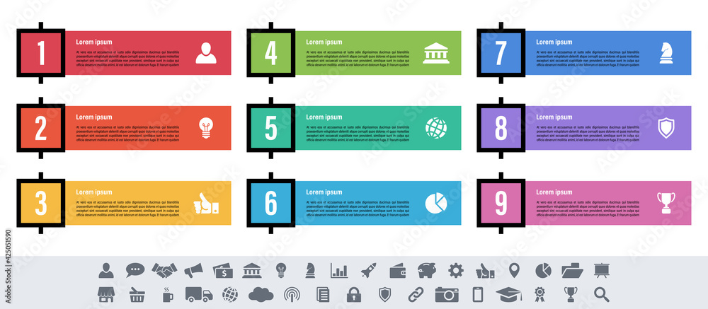 Wall mural infographic design business concept vector illustration with 9 steps or options or processes represe