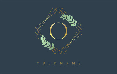 Golden Letter O Logo With golden square frames and green leaf design. Creative vector illustration with letter O.