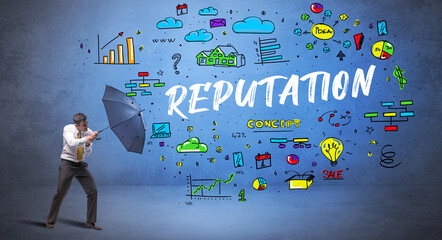 businessman hiding behind umbrella concept