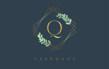 Golden Letter Q Logo With golden square frames and green leaf design. Creative vector illustration with letter Q.