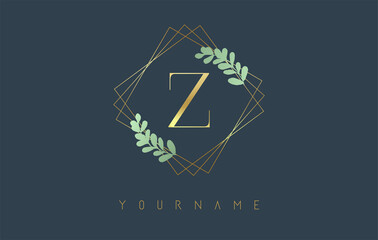 Golden Letter Z Logo With golden square frames and green leaf design. Creative vector illustration with letter Z.