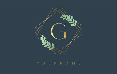 Golden Letter G Logo With golden square frames and green leaf design. Creative vector illustration with letter G.