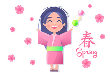 Japanese kawaii girl in pink kimono