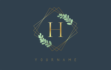 Golden Letter H Logo With golden square frames and green leaf design. Creative vector illustration with letter H.