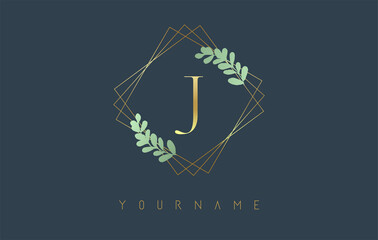 Golden Letter J Logo With golden square frames and green leaf design. Creative vector illustration with letter J.