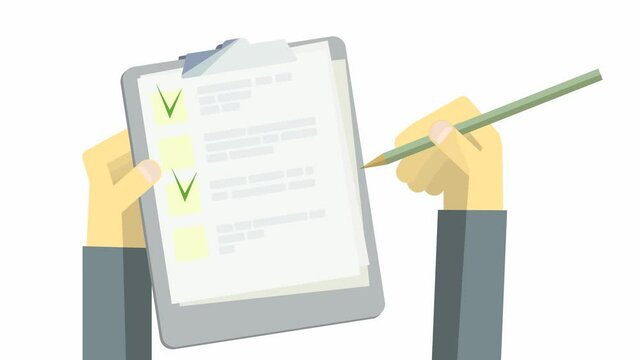graphic animation a person puts a checkmark in the questionnaire with a green pencil, which he holds in his hand, a top view. answers on questions