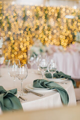 Beautiful table setting for wedding celebration in restaurant
