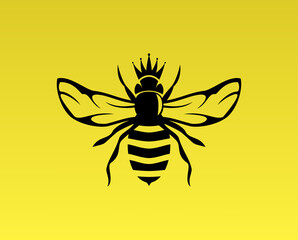 Graphic illustration of silhouette honey bee. Isolated on yellow background vector drawing for honey products, package, design