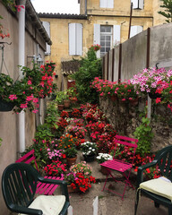 Saint Emilion, France. Flower spot in medieval town in Bordeaux region. Gardening, flower marina. Petunias, geranium. Red, pink. Vertical. Planting. 