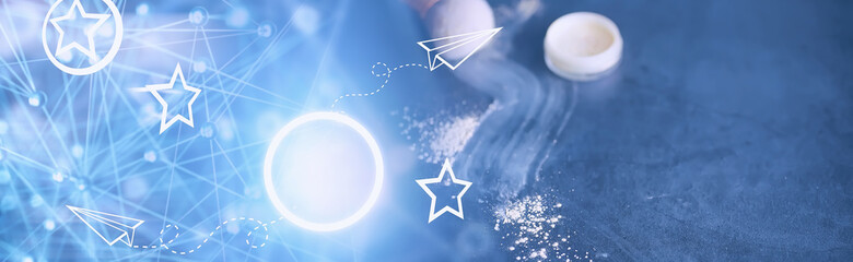 Powder and makeup brush. Brown powder on the background. Makeup products. Style concept.